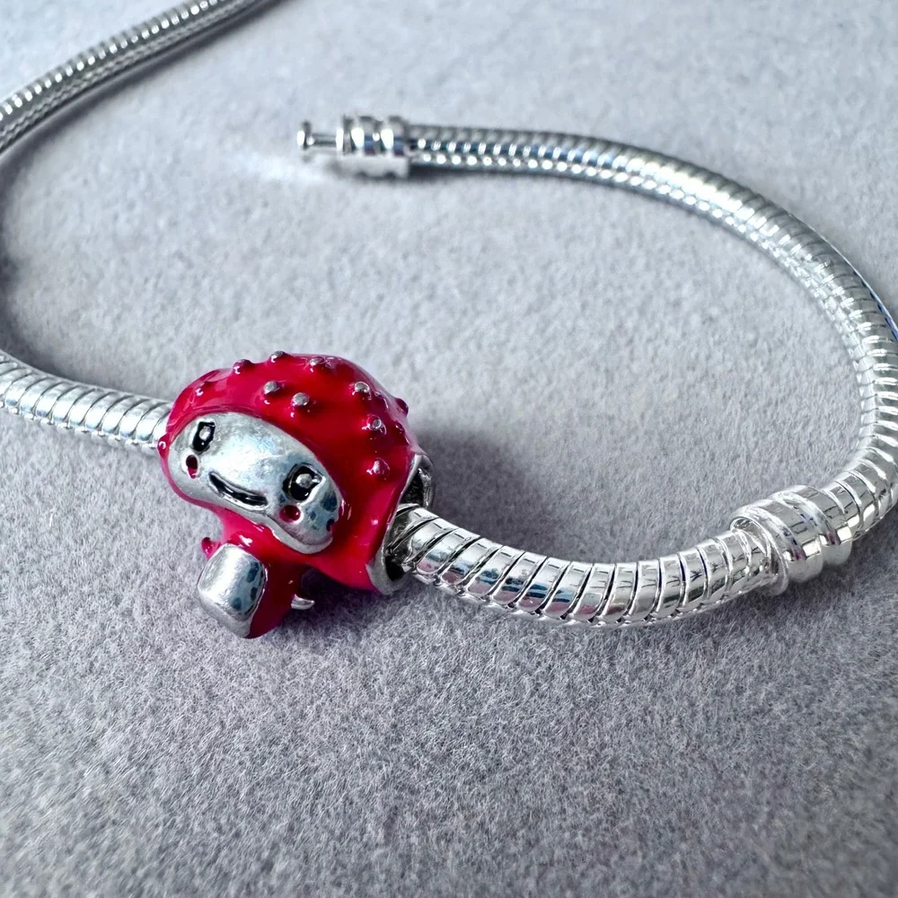 Red Mushroom Monster Charm Bracelet Bead Silver Enamel Fantasy Cute fits PANDORA